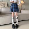 Women's Blue Plaid A-Line High Waist Pleated Skirt - College Style, Plus Size, Short Length for Spring & Autumn