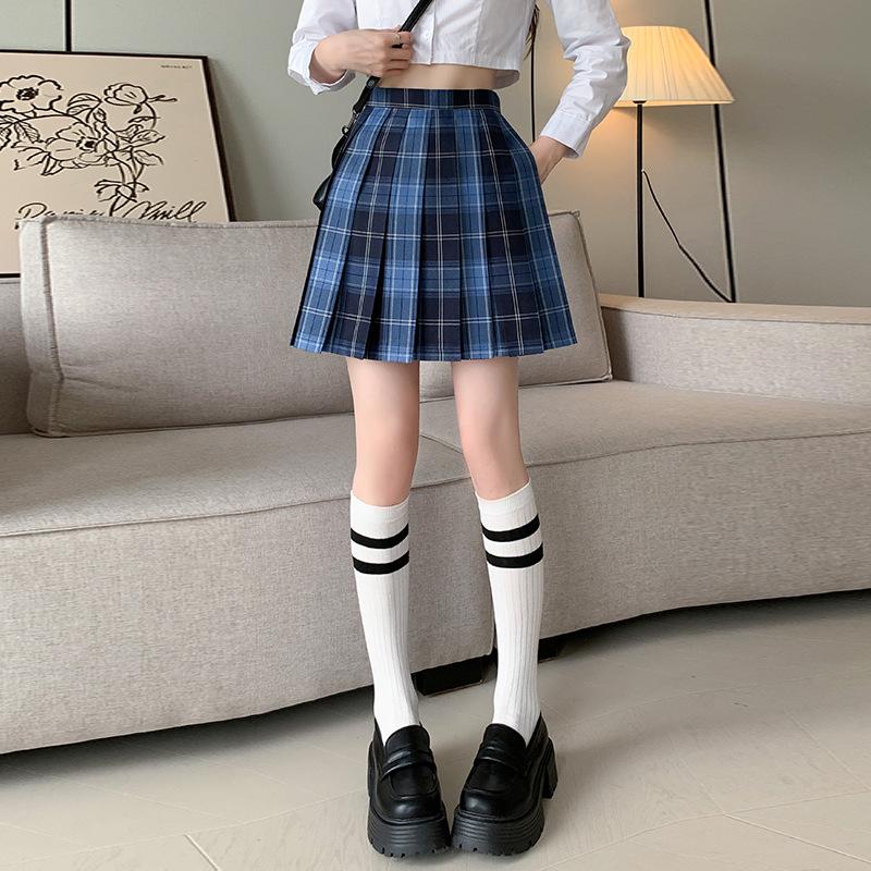Women's Blue Plaid A-Line High Waist Pleated Skirt - College Style, Plus Size, Short Length for Spring & Autumn