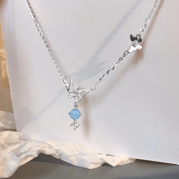 Elegant Blue Crystal Butterfly Necklace - Women s Light Luxury Clavicle Chain