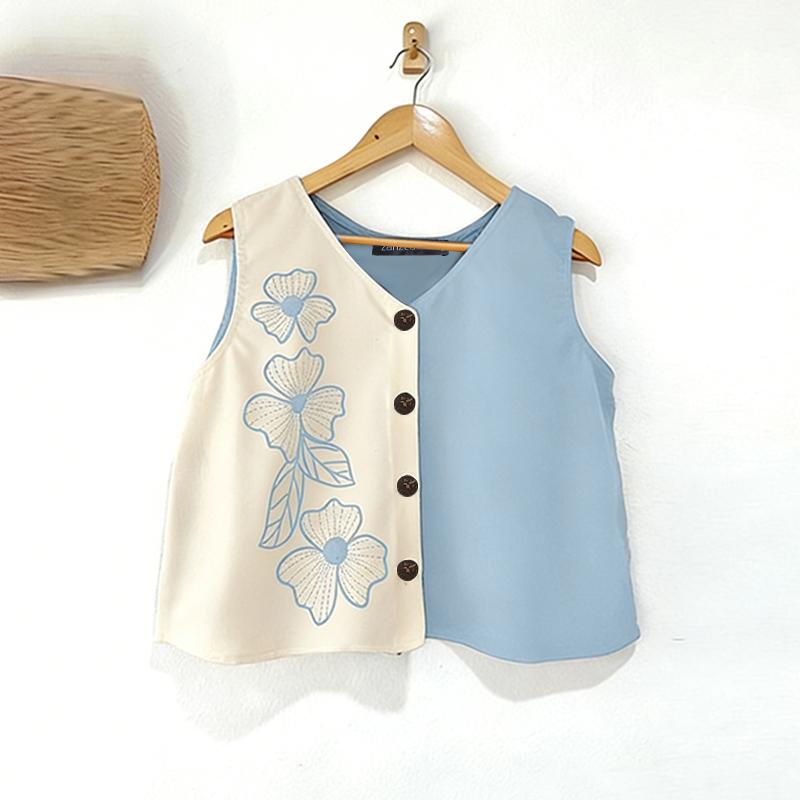 ZANZEA Women Casual V-Neck Sleeveless Print Tank Tops