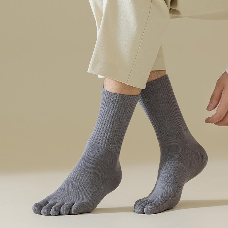 Men's Seamless Split Toe Cotton Socks: Solid & Striped, Breathable, Antibacterial, Anti-Odor, Mid-Calf Casual.