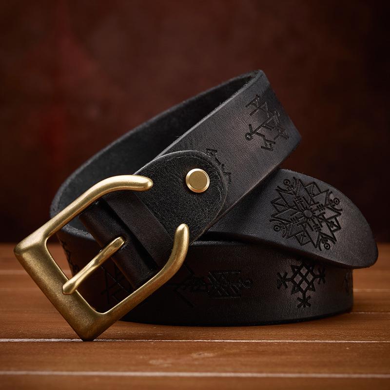 Genuine Leather Thickened Retro Cowhide Men's Belt - Handmade, Embossed, Casual, Versatile Jeans Waistband