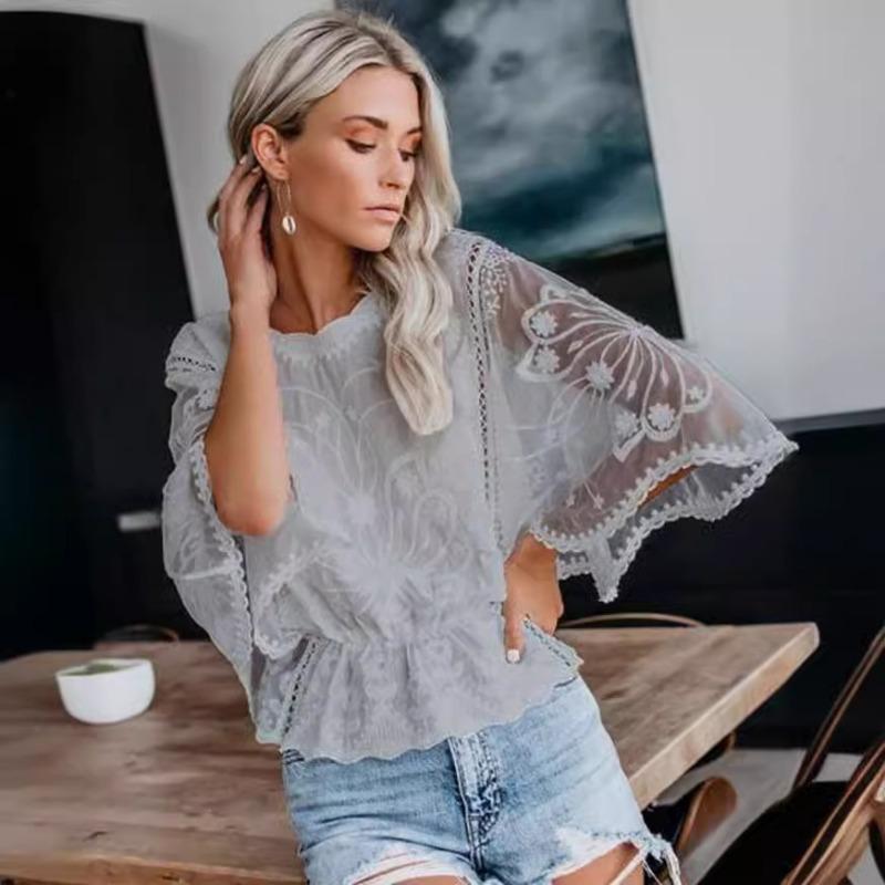 Nuova Moda Pizzo Estate Camicetta Donna Manica Corta Larga Camicia Manica a Pipistrello Top Larghi da Donna Scollo a O Tinta Unita Elegante Slim Fit Abbigliamento da Ufficio