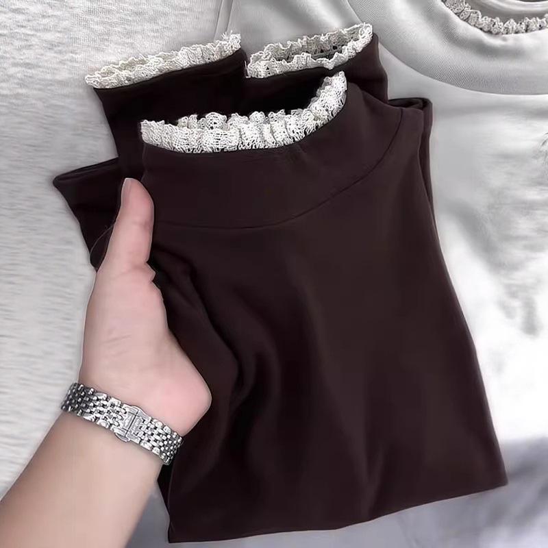 Women's French Lace Trim Plush Long-Sleeve T-shirt: Stylish, Slimming Base Layer for Autumn/Winter