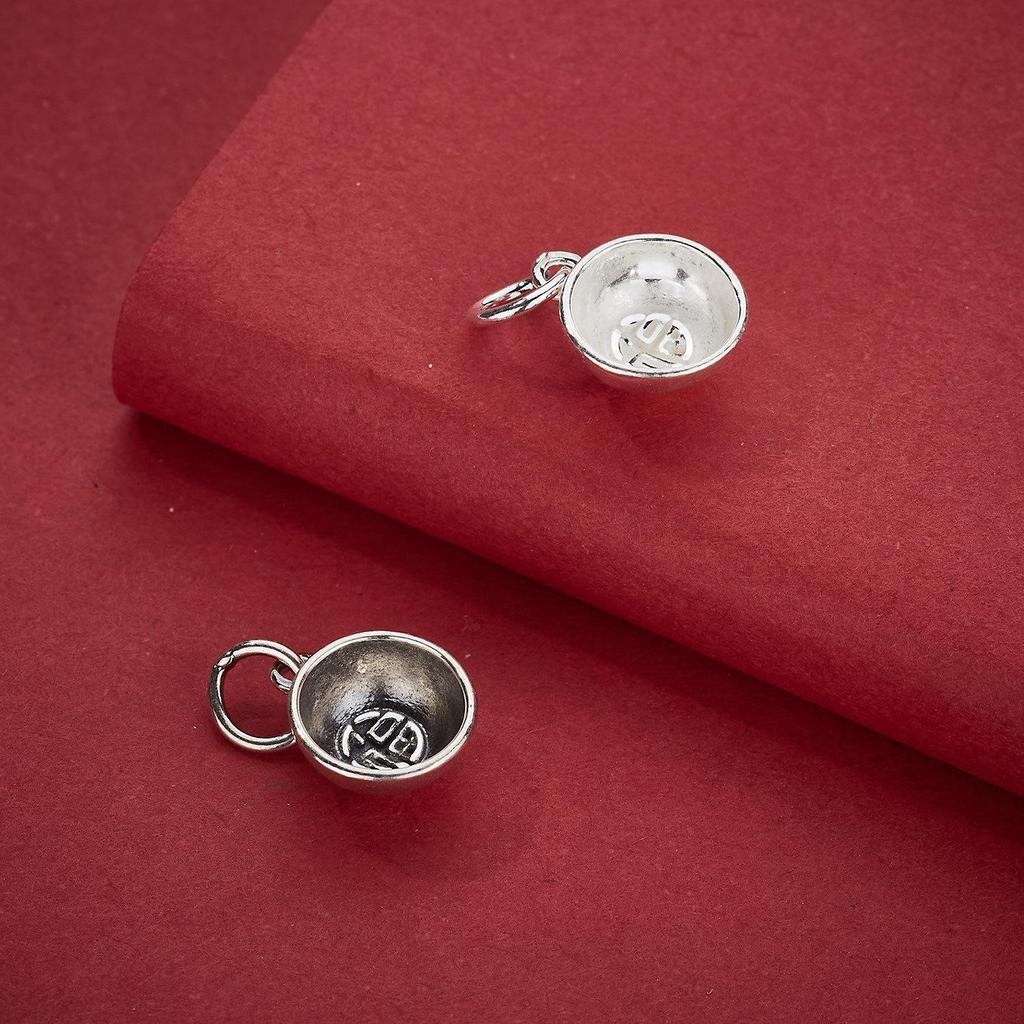 S925 Sterling Silver Fu Character Small Bowl Pendant for DIY Jewelry Making - Chinese Style Necklace and Bracelet Accessory
