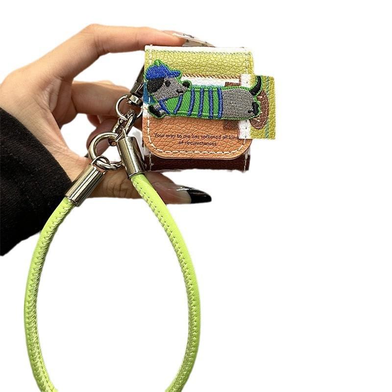 Contrasting stripes embroidered dachshund for AirPods 1 /1 earphone protective case cover 1pro second and third generation with lanyard