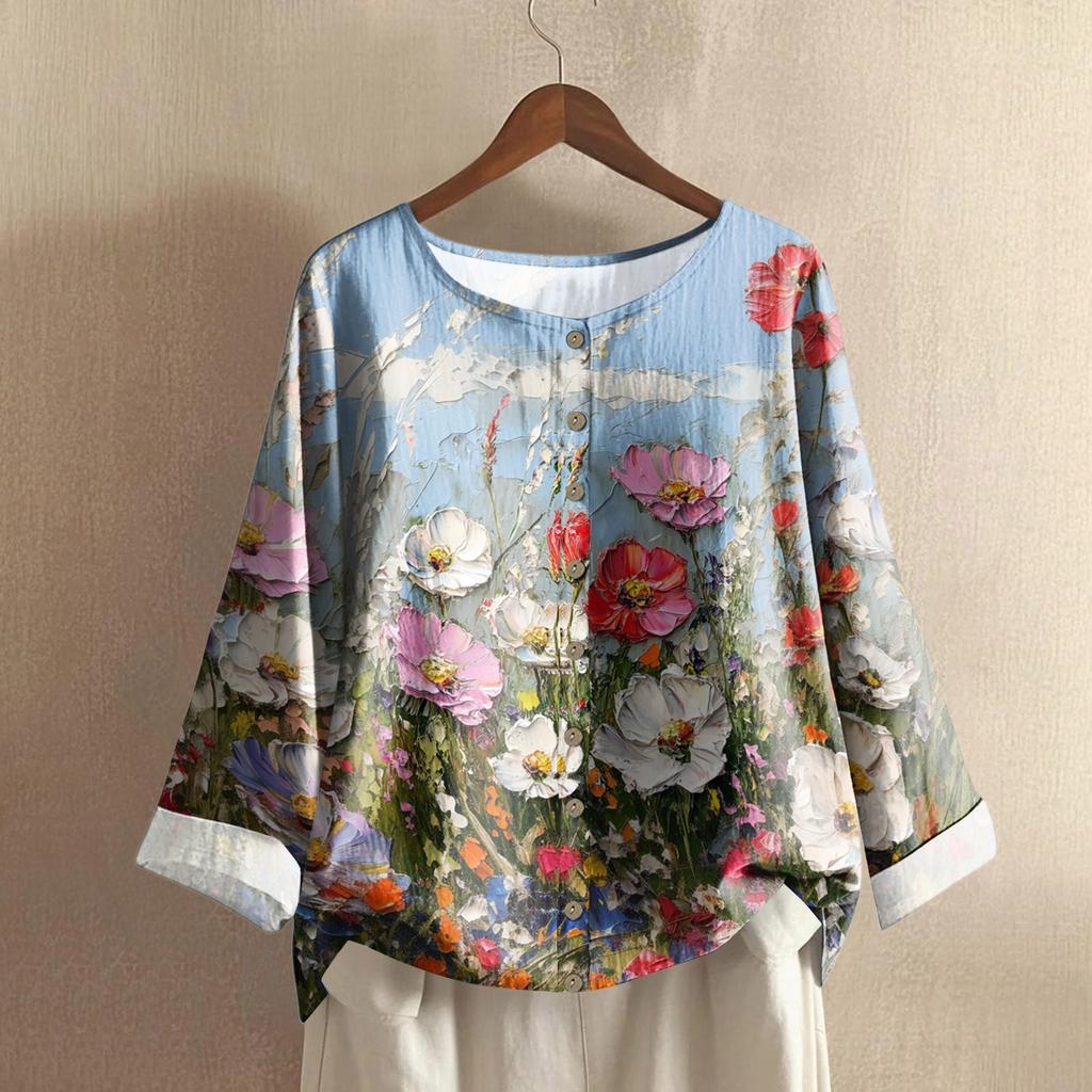 Women's Fashionable And Casual Shirt Long-sleeve Round Neck Print Cotton And Linen Blouse Top