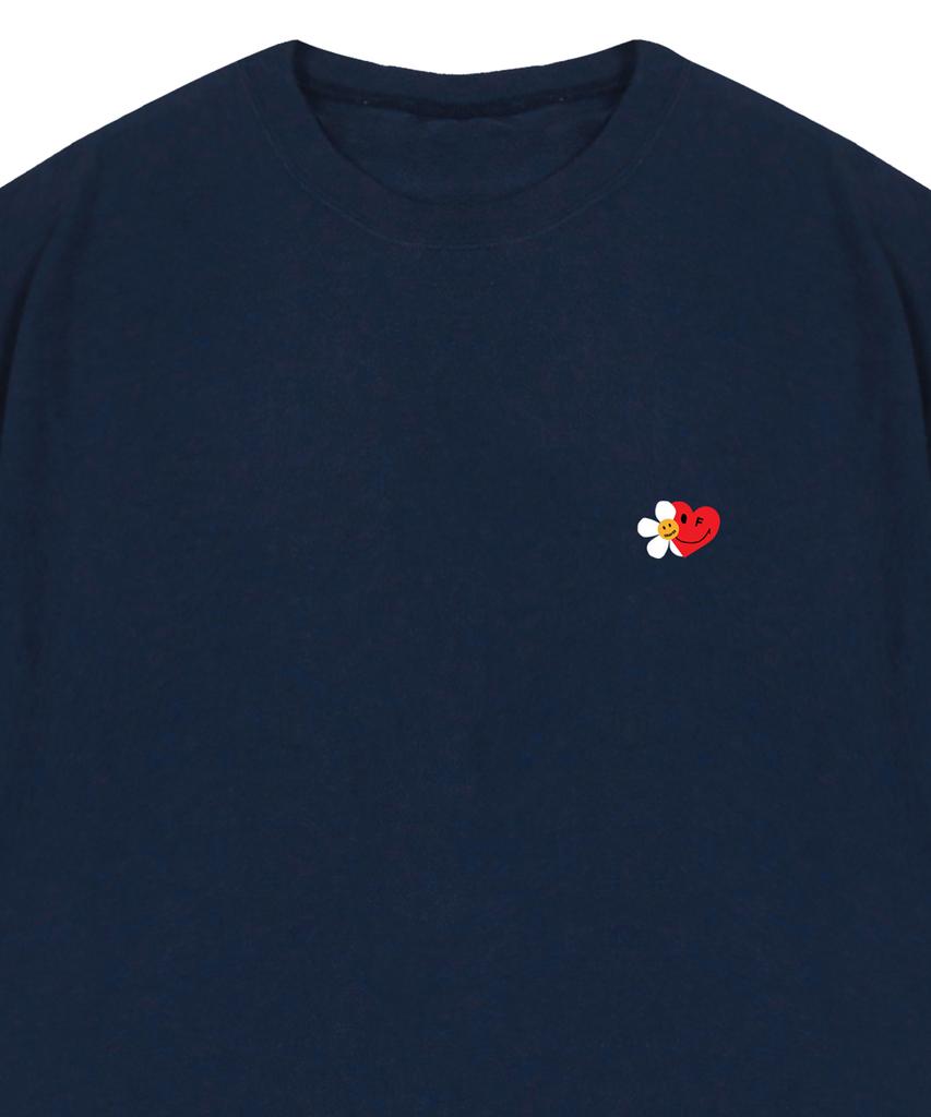 GRAVER [Unisex] Flower Heart Half Smile Short Sleeve T-Shirt_Navy