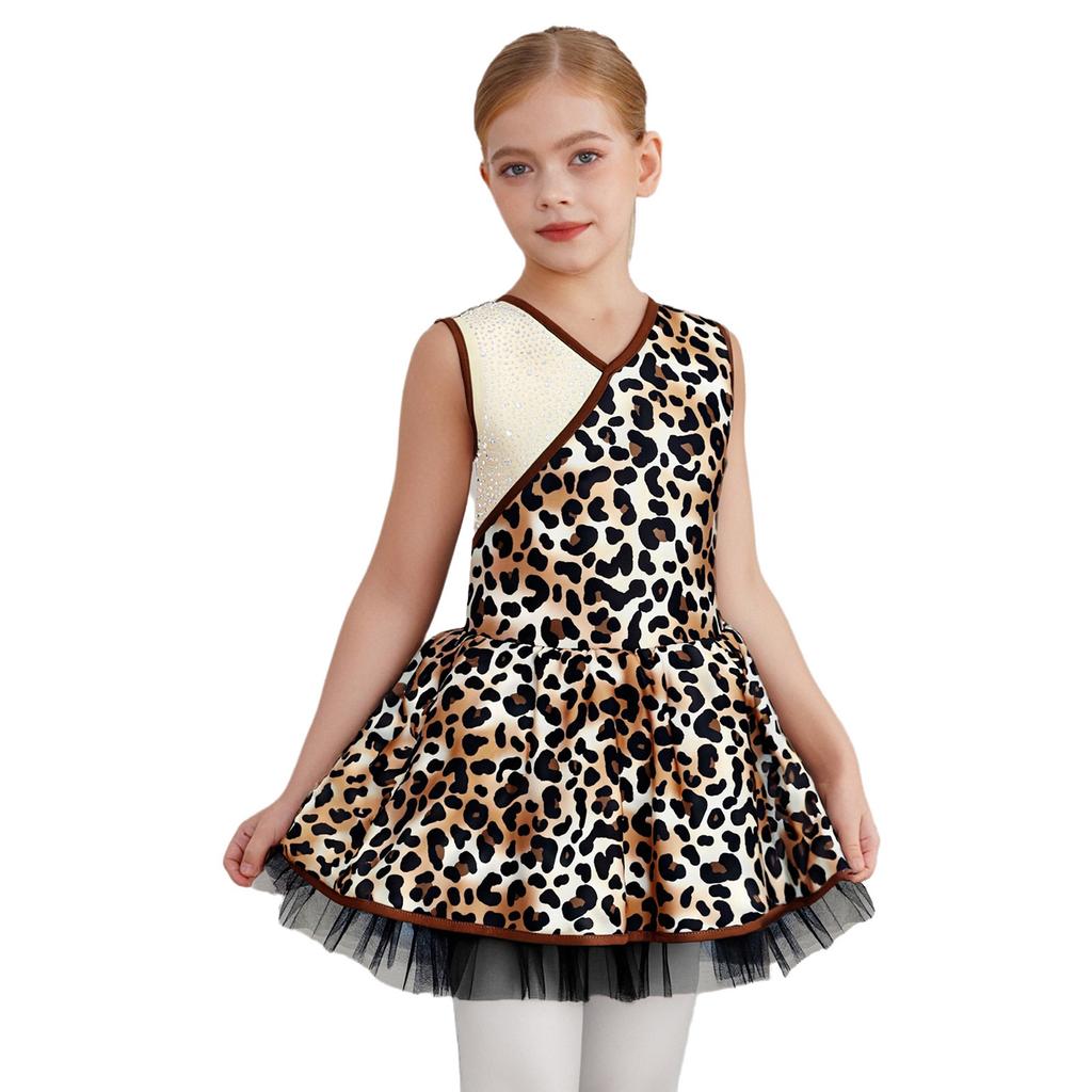 Girls Prehistoric Cave Costume Leopard Print V Neck Sleeveless Mesh Puffy Dress with Built In Briefs
