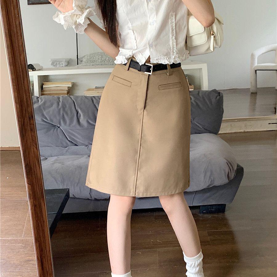 

Юбка миди А-силуэта цвета хаки с высокой талией для фигуры типа «груша», широких бедер и полных бедер. S