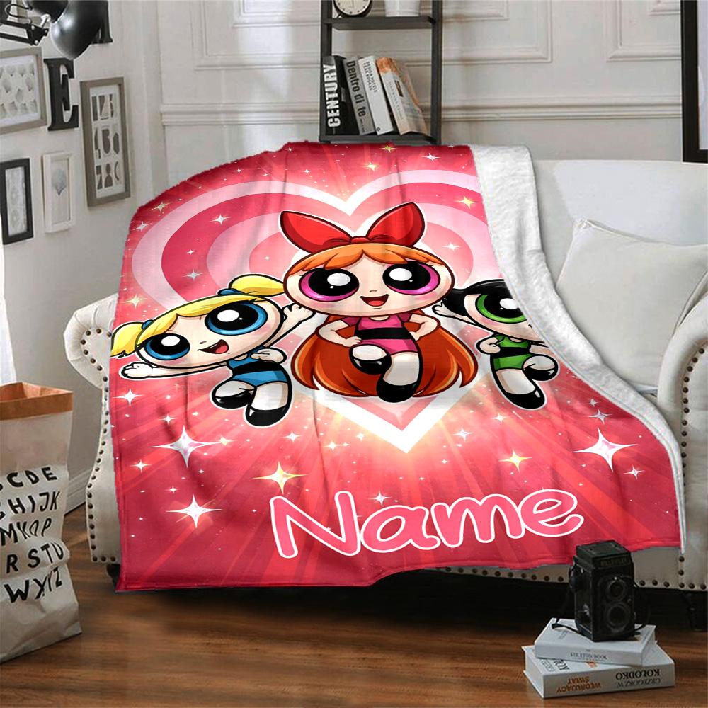 Custom Name Powerpuff Girls Halloween Flannel Blanket for Super Soft Cute Comfort Blanket for Travel Bedding Couch Sofa Blanket
