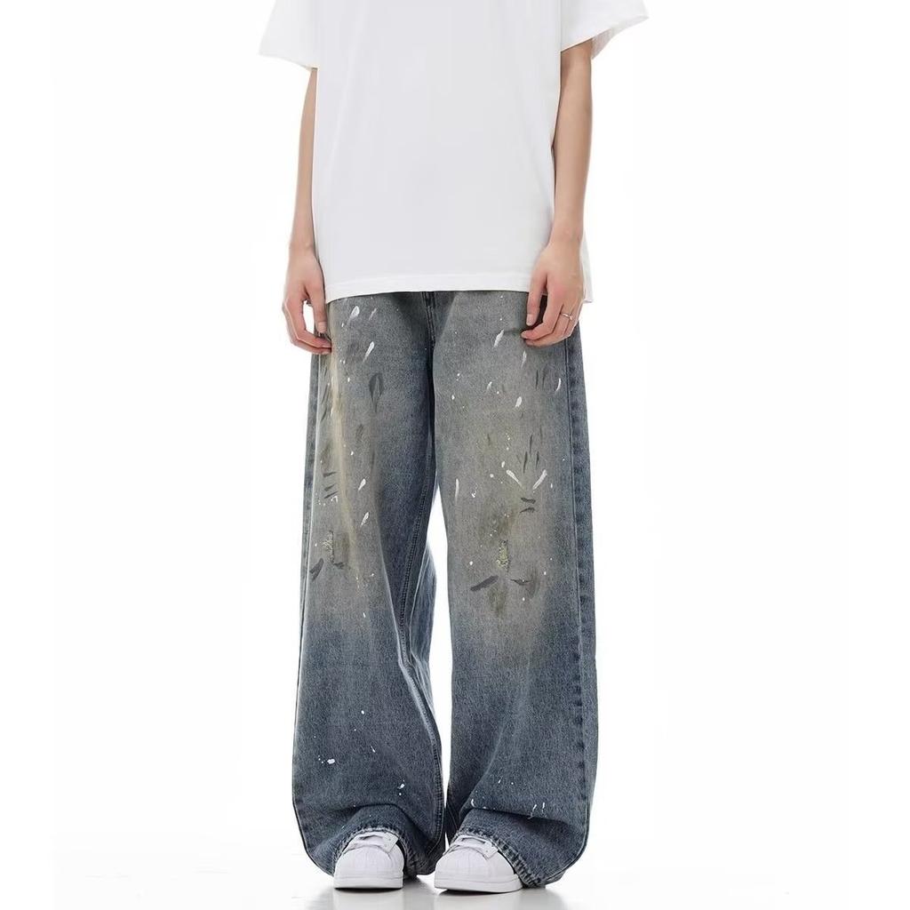 Chaolun cloth men's jeans American high street trendy brand retro washed old loose and versatile straight wide-leg trousers