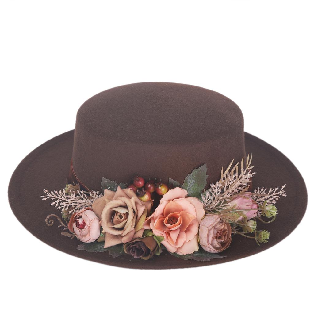 Fedora Hats Women's Flower flat cap Fashion Autumn Winter Warm Flat Top Basin Hats British Vintage Top Hats