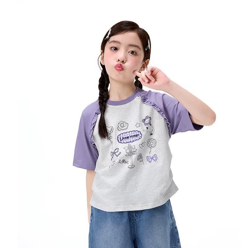 Xiaoyinman Girls' Summer Color-block Cartoon Print T-Shirt