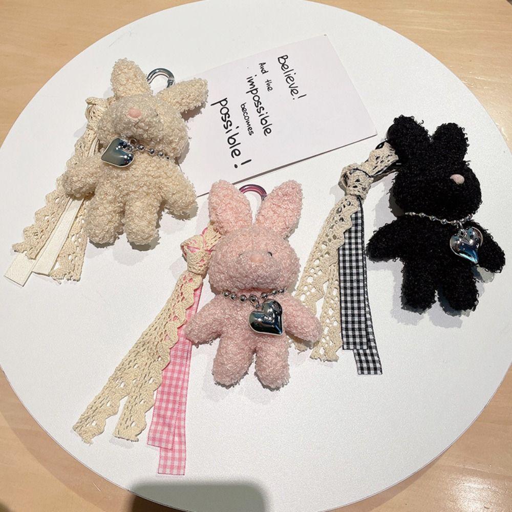 Silver Heart Plush Bag Pendant Bow Ribbon Rabbit Plush Doll Rabbit Doll Charm Bag Decoration