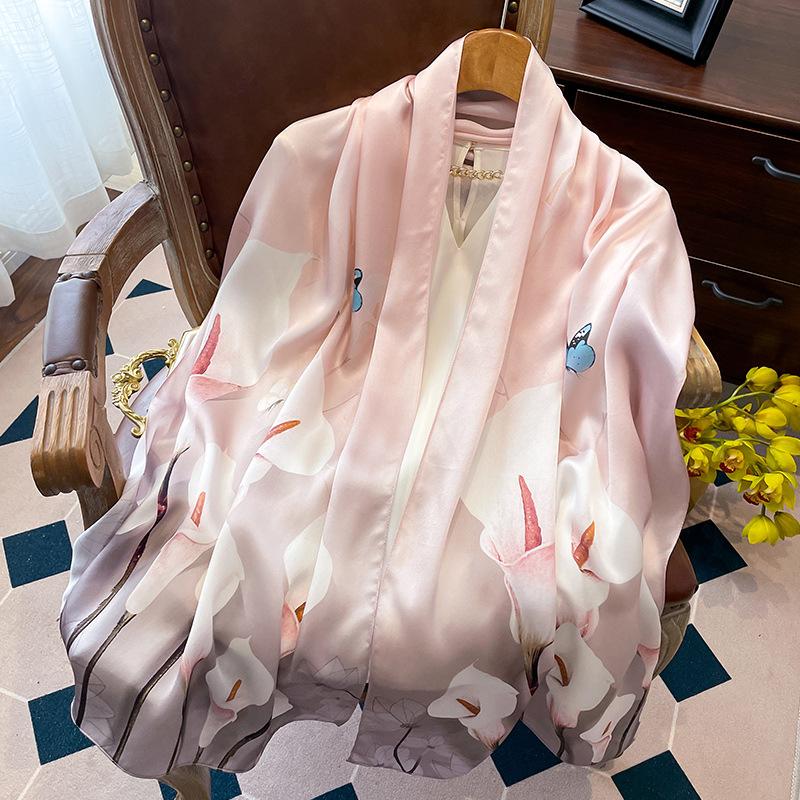 Luxury Brand 100% Real Silk Scarf Women Designer Shawls and Wraps Elegant Floral Print Pashmina Soft Long Scarves Femme Hijab
