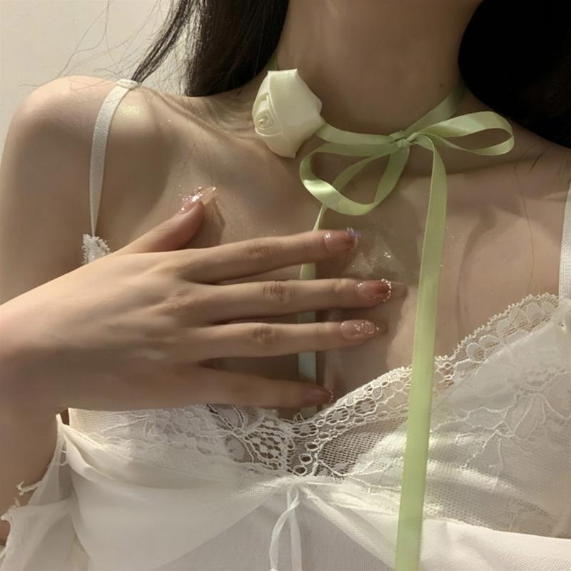 Flower Choker Necklace Soft Fabric Material Flower Choker Rose Ribbon Necklaces Cloth Accessories for Women Teen Girls