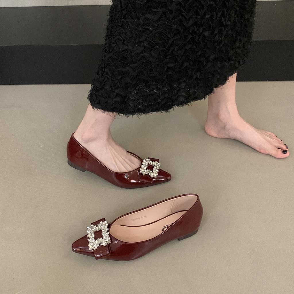 French temperament rhinestone square buckle pointed flat-soled single shoes women's 2025 summer new versatile one-pedal soft-soled ladyshoes