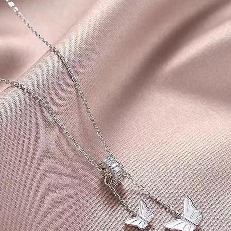 Sterling Silver Double Butterfly Pendant Tassel Necklace – Women's Luxury Clavicle Chain