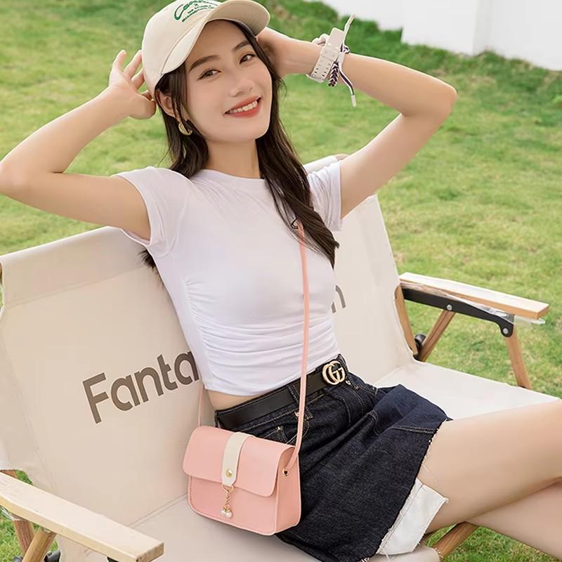 Women's PU Leather Small Square Crossbody Bag, Luxury Shoulder Bag with Pearl Pendant