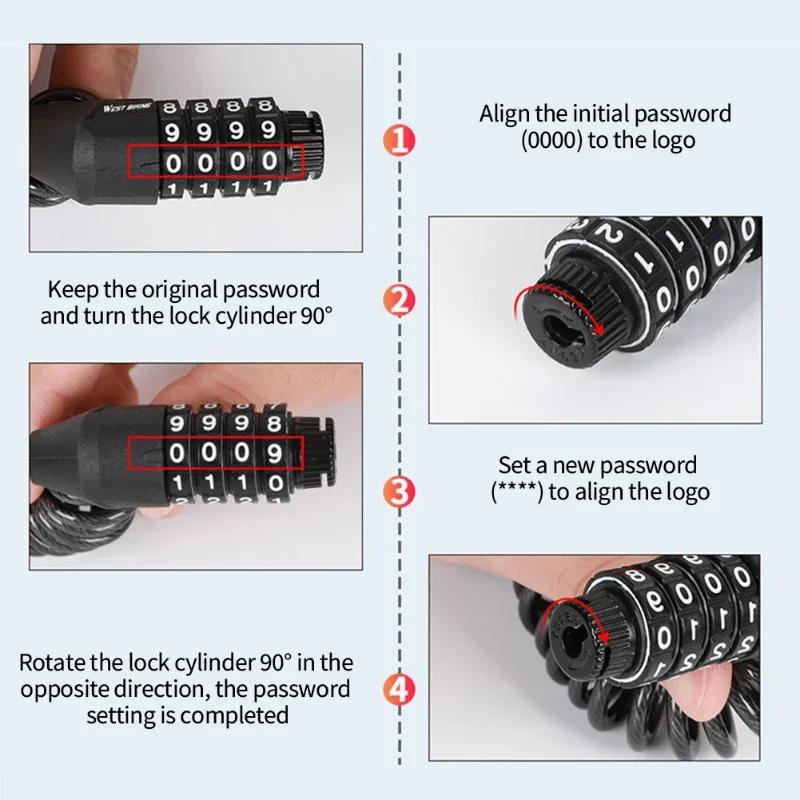 Motorcycle Bicycle Anti-Theft Chain 4-Digit Password Combination Helmet Lock Safety Portable Cable Lock Durable Wire Rope