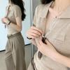 Old Money Style Temperament V-neck Knitted Short-sleeved T-shirt Women's Summer New Slim-fitting and Thin Polo Shirt Front Shoulder Top