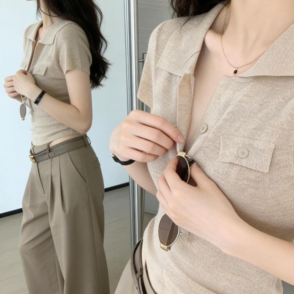 Old Money Style Temperament V-neck Knitted Short-sleeved T-shirt Women's Summer New Slim-fitting and Thin Polo Shirt Front Shoulder Top