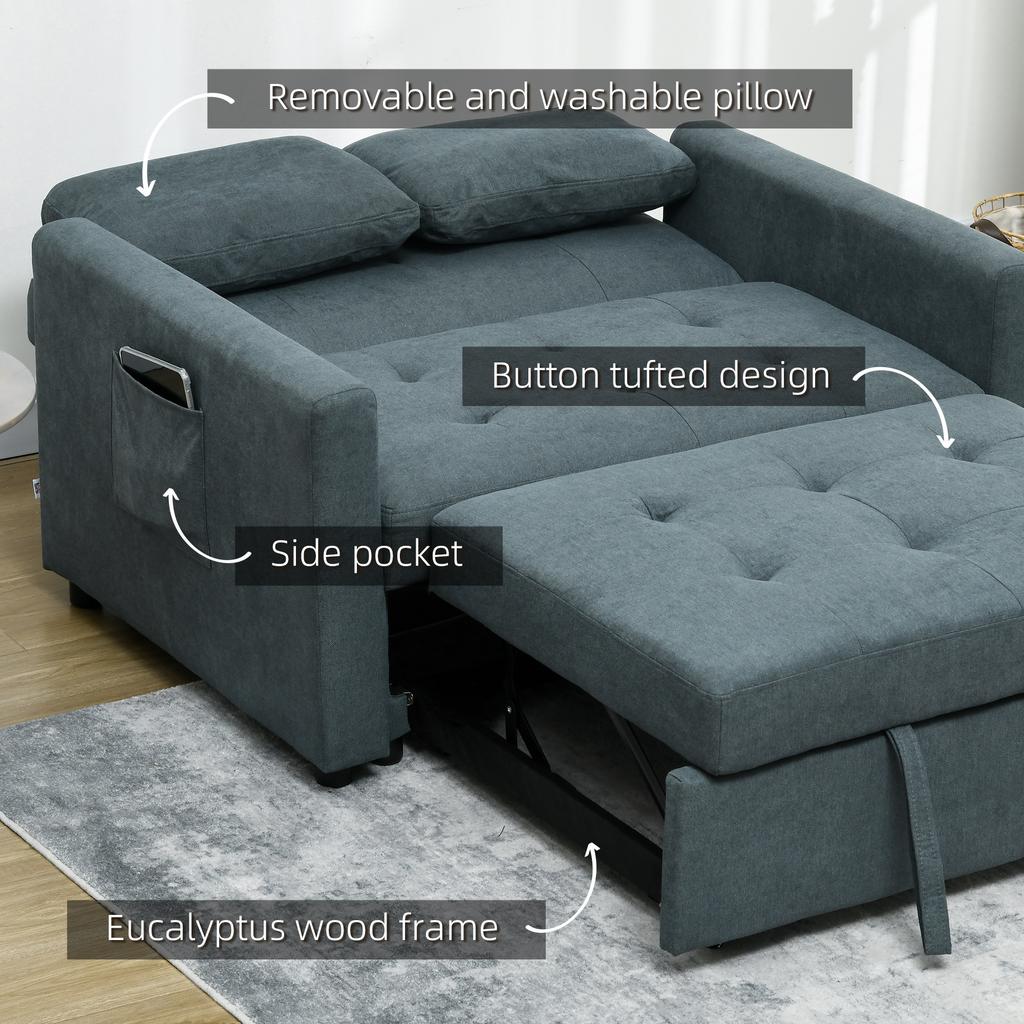 Loveseat Sofa Bed, Convertible Bed Settee with 2 Pillows, Side Pockets, Charcoal Grey