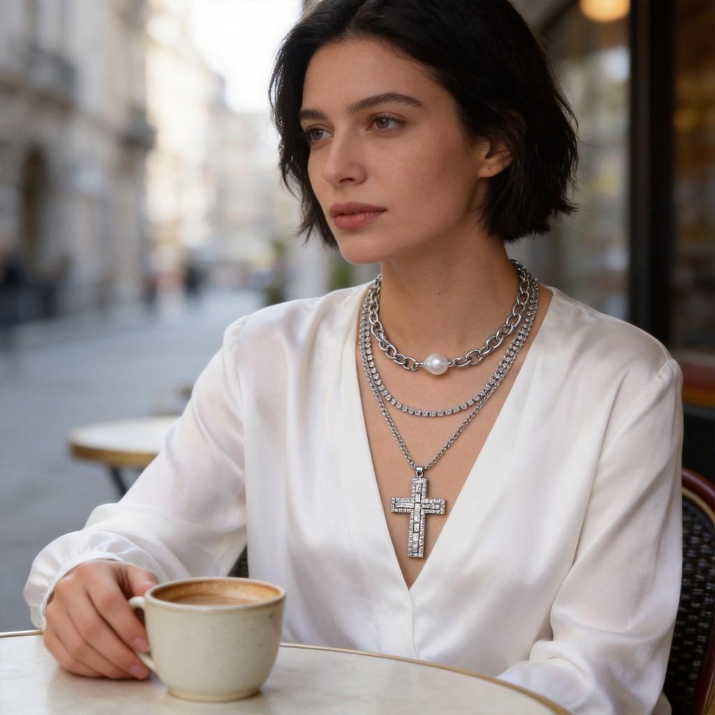 Cross Pendant Necklace For Women With Multilayer Geometric Design In Zinc Alloy For Daily Fashion