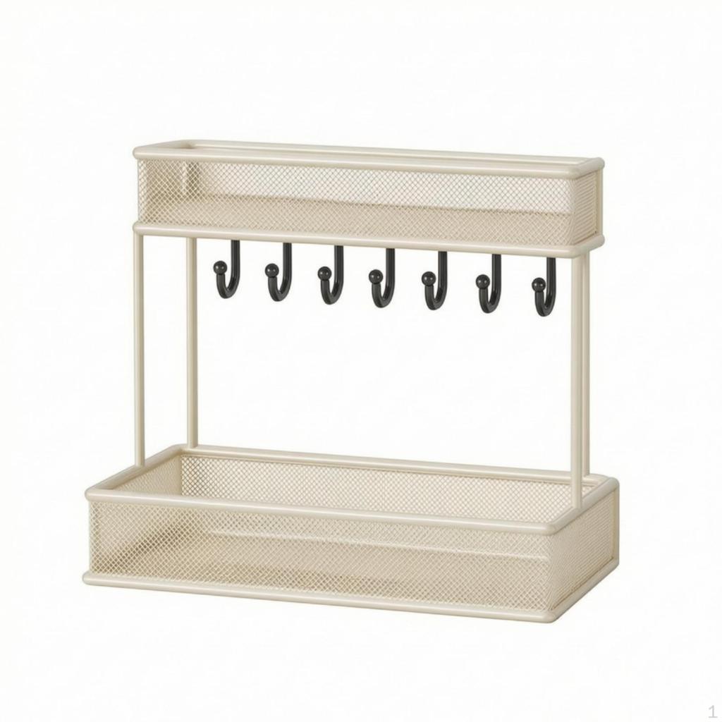 2Tier Storage Rack with Hooks Metal Countertop Organizer Compact Black Walnut