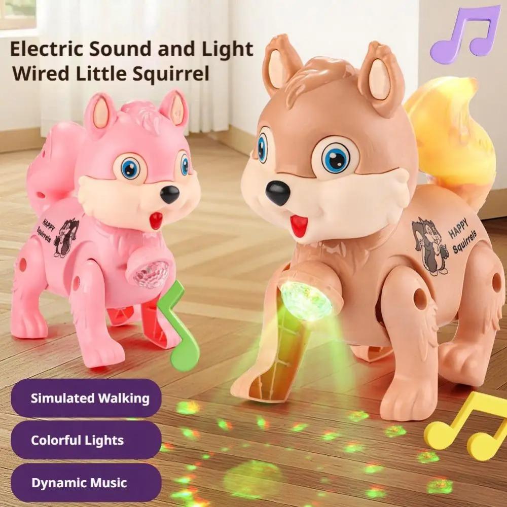 Niederspielzeug Eichhörnchen zum Gehen mit Leine, blinkendem LED-Licht und dynamischer Musik, interaktives sensorisches Spielzeug für Kinder