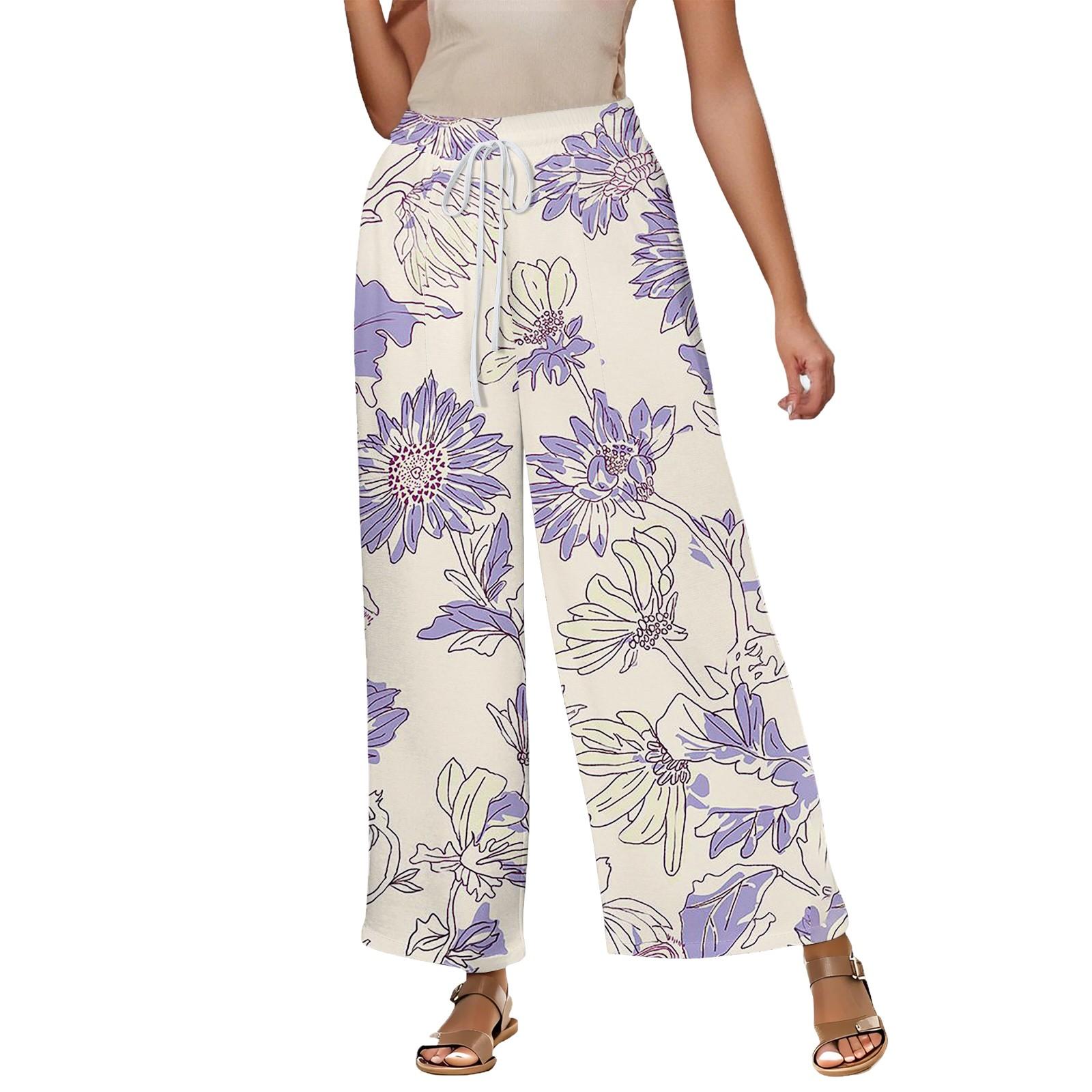 Women s Summer Elastic Waist Floral Print Cotton And Linen Loose Cropped Pants XXL