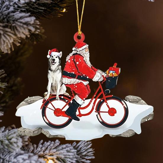 Santa Riding A Bicycle with A Dog Ornament Cute Acrylic Santa Claus Christmas Tree