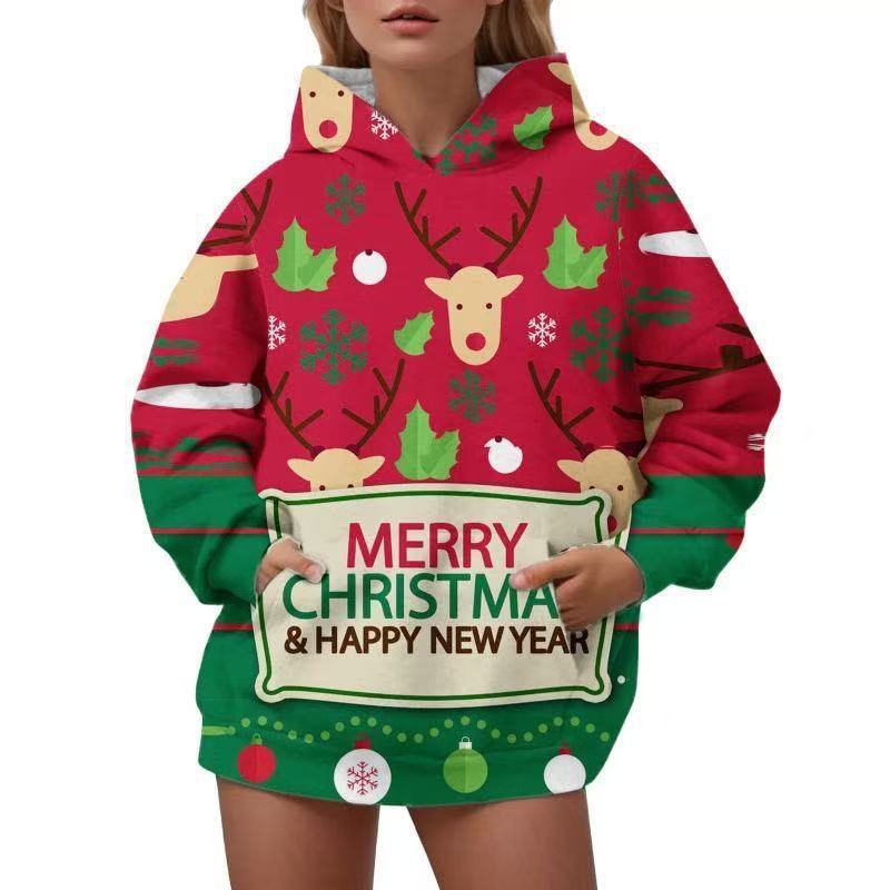Women's 3D Digital Printed Hooded Sweater Christmas Elk Casual Fashion Hoodie