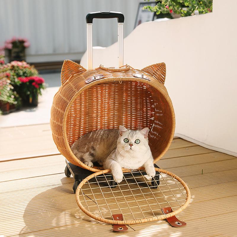 Pet Cat Bag Breathable Portable Puppy Dog Transport Carrier Rattan Trolley Cat Cart Travel Box Cat Cage Cat Box Pet Trolley