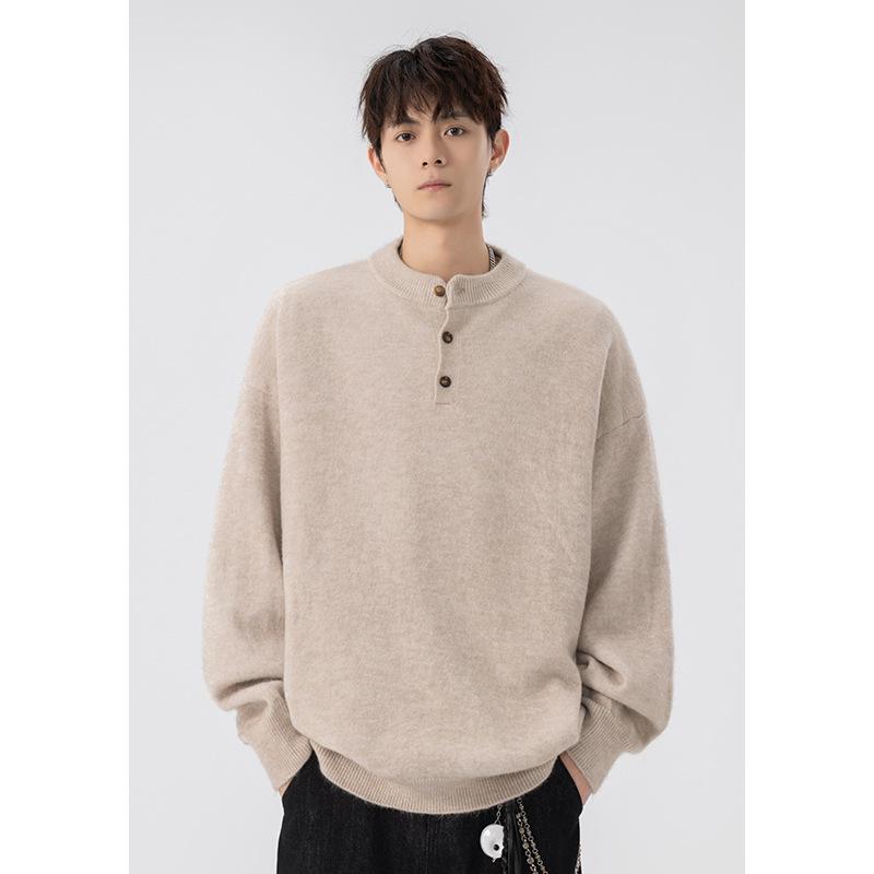 520g Men's Retro Henley Collar Heavyweight Sweater - Old Money Style, Casual Knit Hoodie, Plus Size, Autumn/Winter Wear