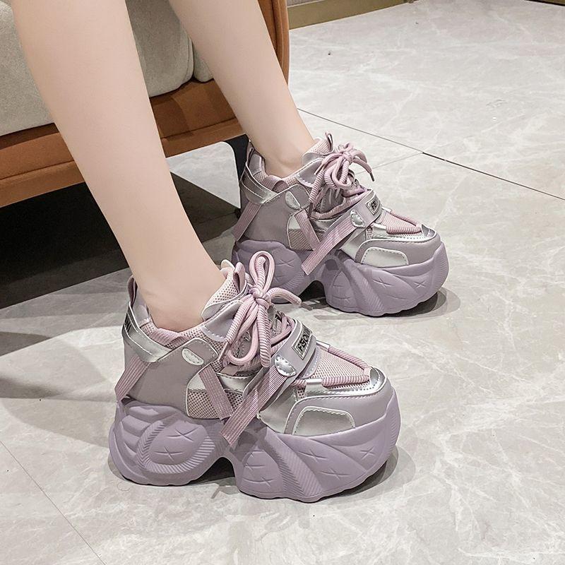 Dad's Shoes with A Height Increase of Within 10cm Women's Autumn New Style Sponge Cake Thick Sole Small Stature  Mesh Casual Sports Shoes for Women