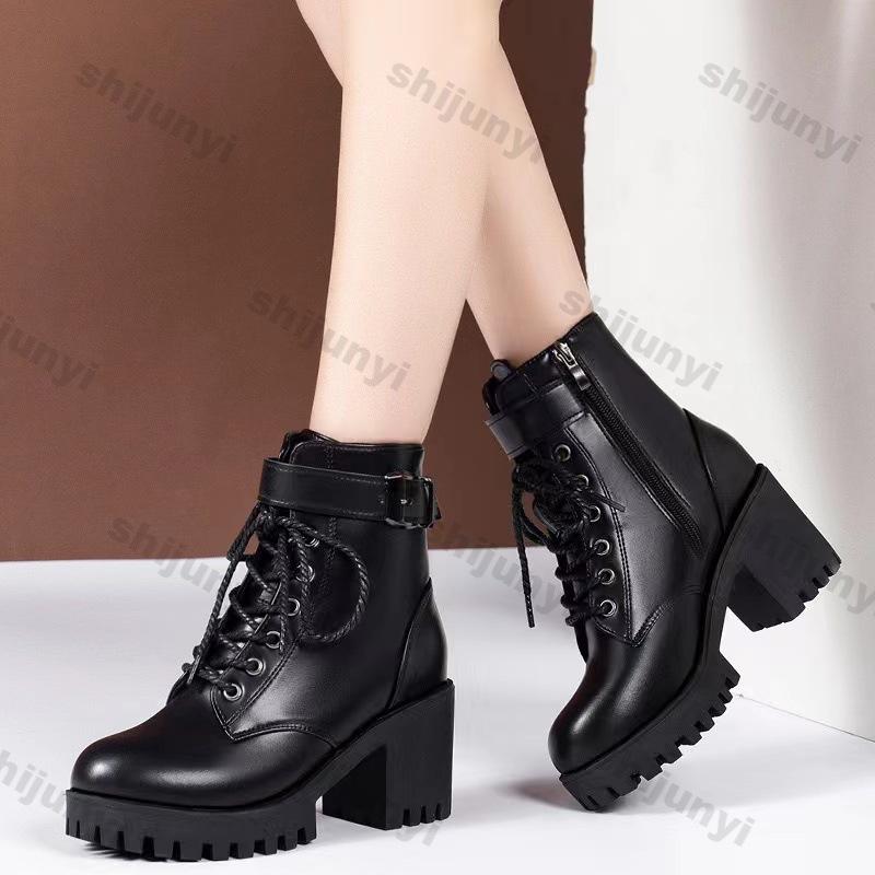 Mode Damen Schnürstiefeletten Damen Wintermode Schnallenriemen Plateau Kampfstiefel Kurzstiefel Frau Dickes Plüsch PU-Leder Botas Mujer