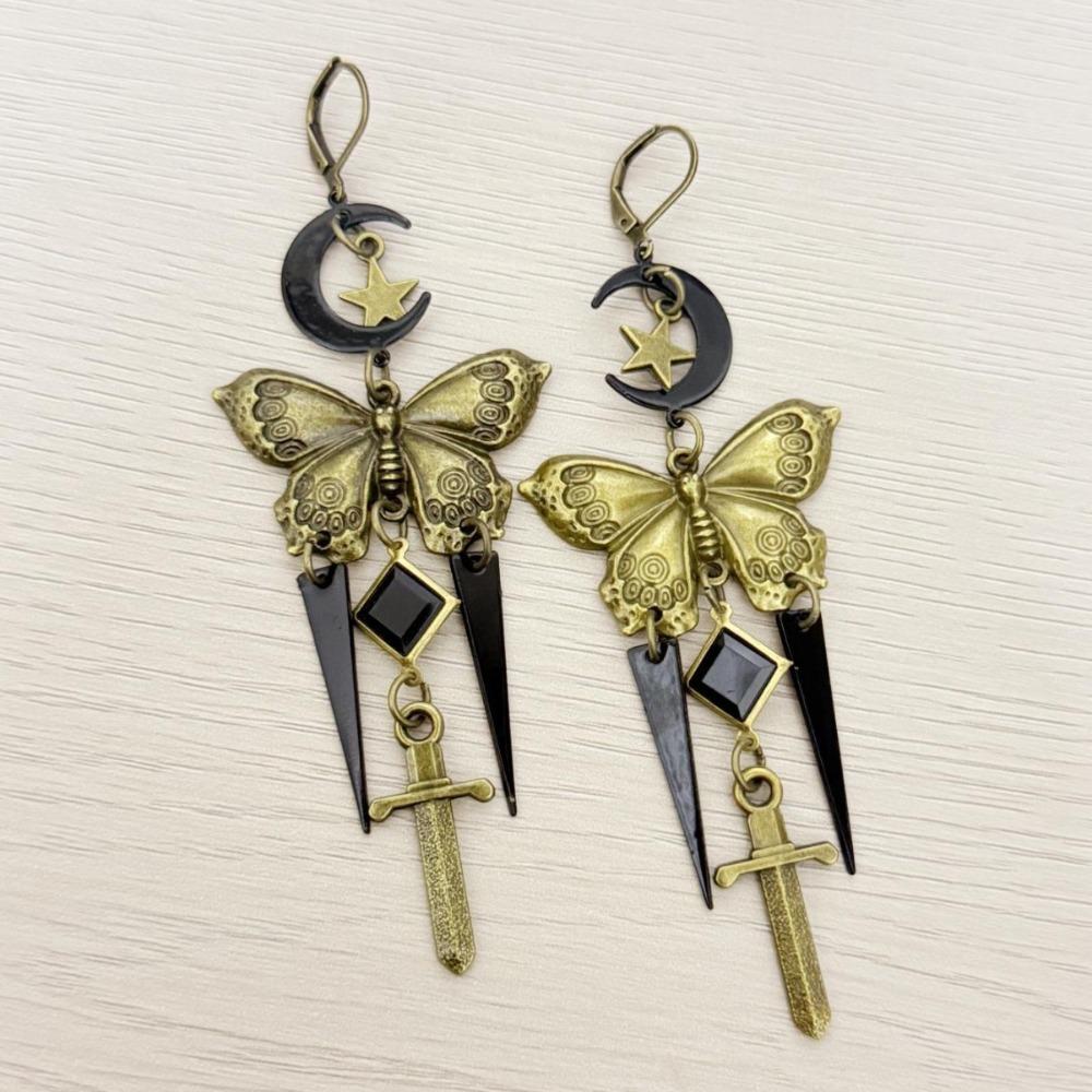 Retro Personality Bronze Color Star Moon Sword Tassel Butterfly Dangle Earrings for Women Halloween Party Gothic Jewelry Gifts