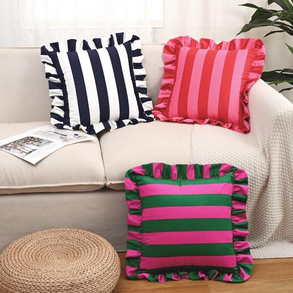 Striped Pillow Case Lotus Leaf Skirt Edge Pillow Case Cover New Pillowcase  Bedroom Living Room