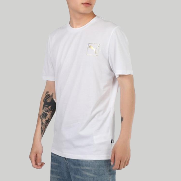 Puma Metallic Gold Print Crew Neck T-Shirt Men Tops White 587582-02