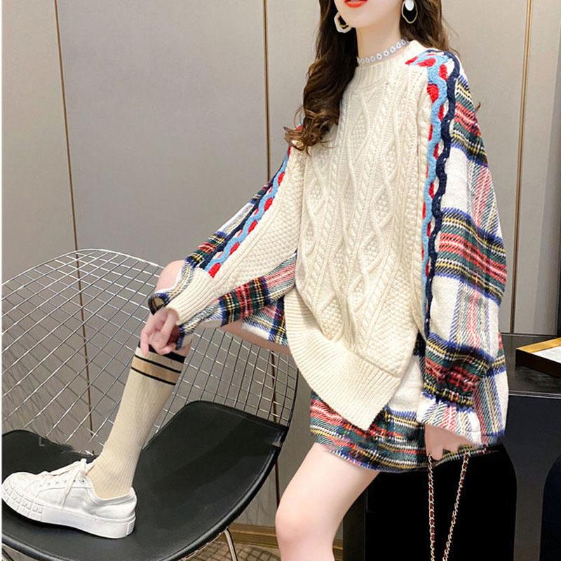 Women Fake Two-piece Sweater Loose Casual Patchwork Knitted Pullover Sweater Top Students Outwear Autumn Winter