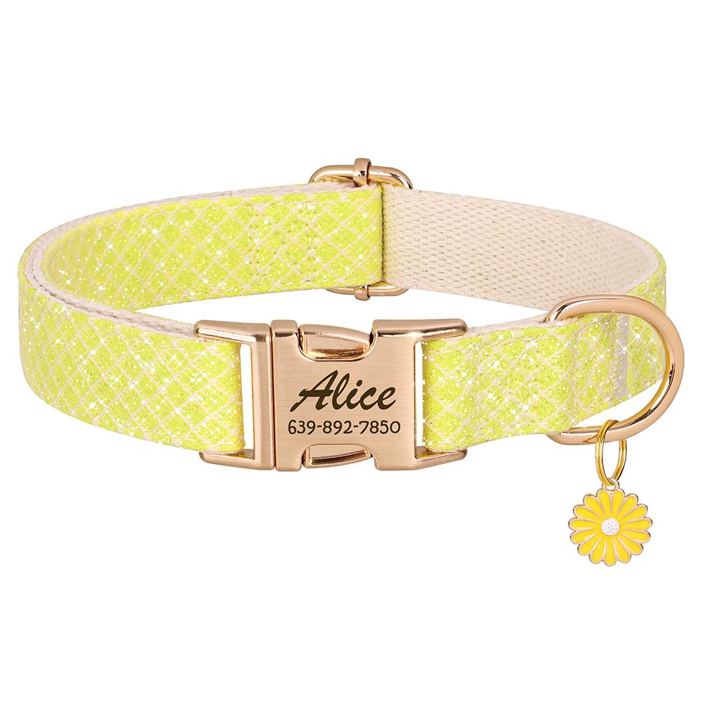 Bling Nylon Personalisierbares Hundehalsband Niedliches Blumenanhänger Hundehalsbänder Gravur Haustiername ID-Schnalle Halsband Für Kleine Große Hunde Chihuahua