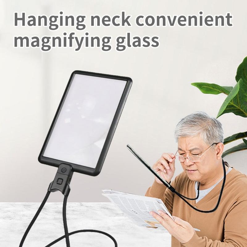 4X Large Magnifier with 3 Brightness 43 LED Light Rechargeable for Reading Books or Crafting, Neckwear and Desktop Mode