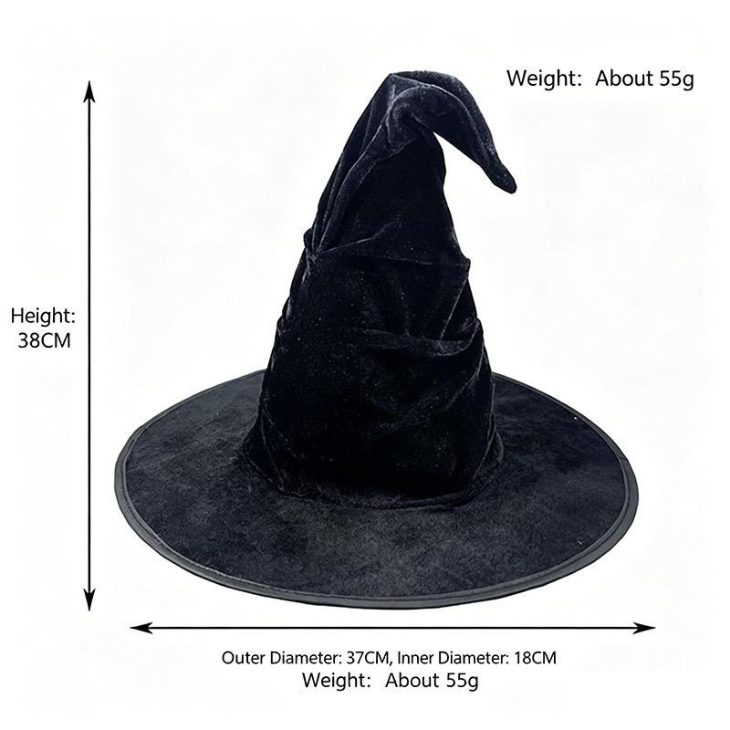 Halloween gerüschter schwarzer Hexenhut, Samt-Zaubererhut mit Fledermaus-/Stern-Dekor, Kostümzubehör für Party und Cosplay