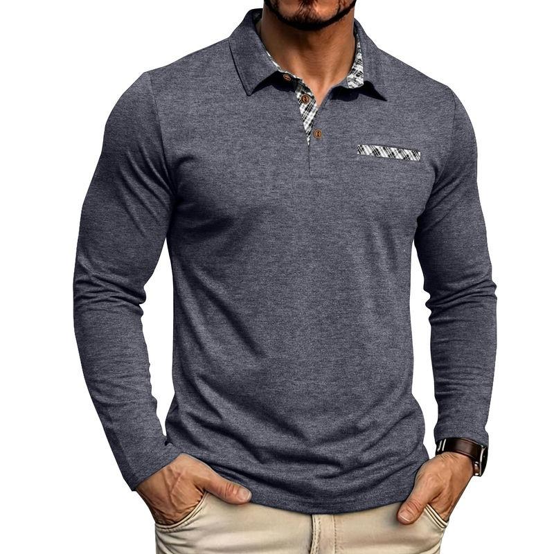 American Style Spring Autumn Men's Polo Shirts Long Sleeve Smart Casual Turn Down Collar Pull On Polos Man