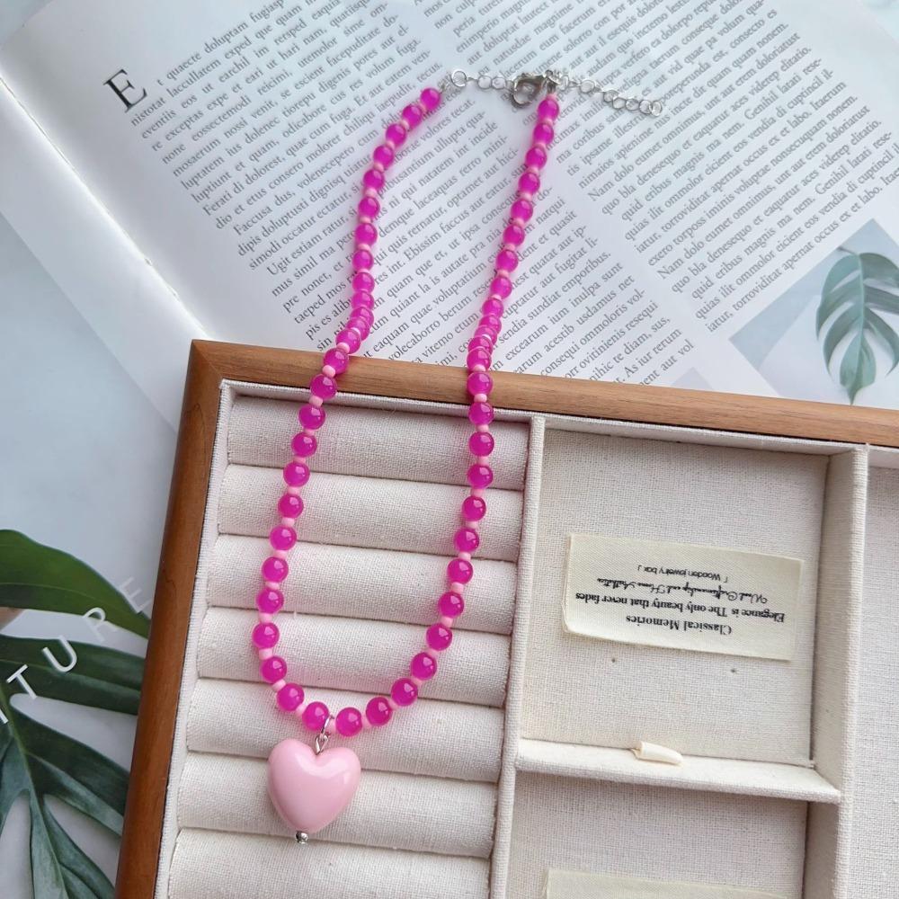 Acrylic Glass Beaded Chain Spring Summer Choker Necklace Fashion Heart Pendant Neck Accessories