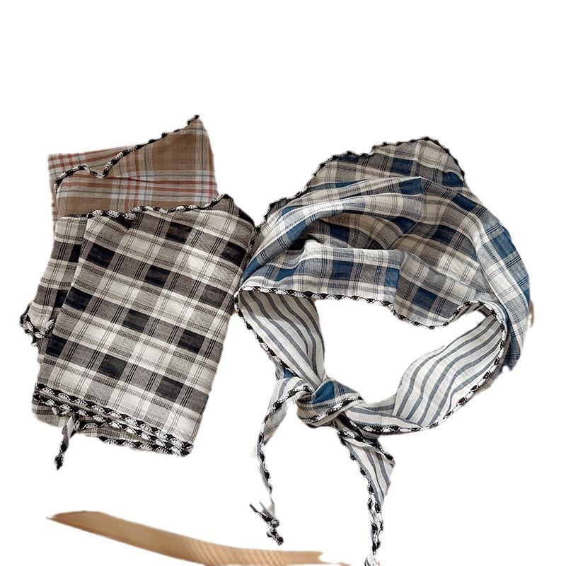 Spring Autumn Women Scarf Linen Cotton Headband Kids Triangle Scarf Baby Neck Scarf Plaid Versatile Korean Style