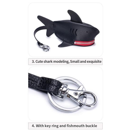 Leather Shark Key Bag Cute Shark Shape Car Key Bag Backpack Charm Shark Pouch with Keyring And Lanyard Zippered Coin Purse