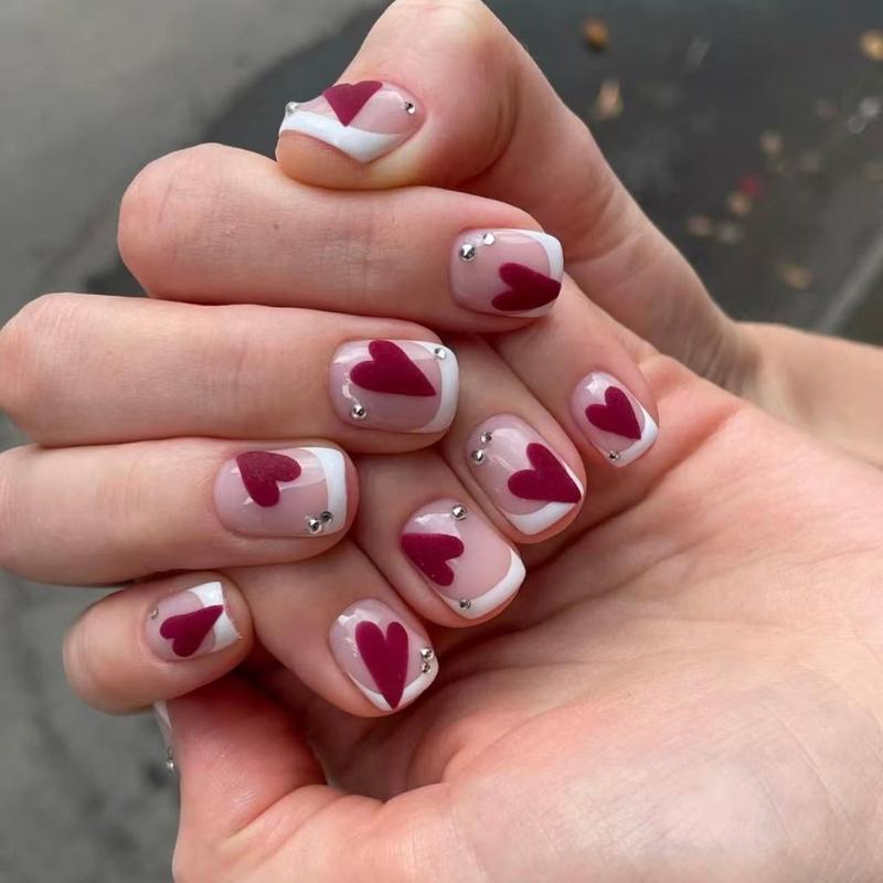 

Pack Of 24 Artificial Nail Featuring 3D Textured Glitters Hearts French Design For Home Nail Art Multiple Sizes Included 1